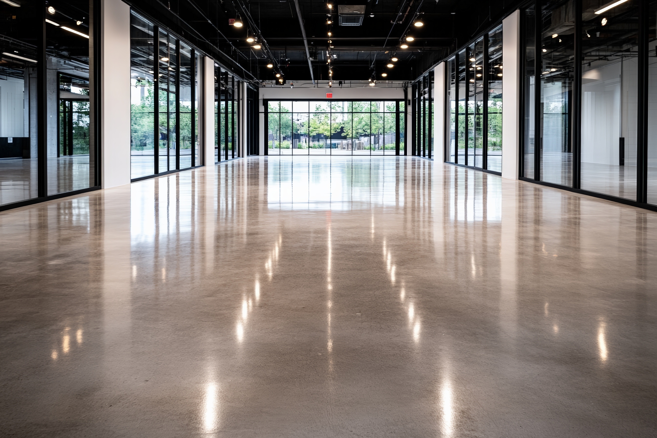 Modern empty commercial space with polished concrete flooring and glass walls