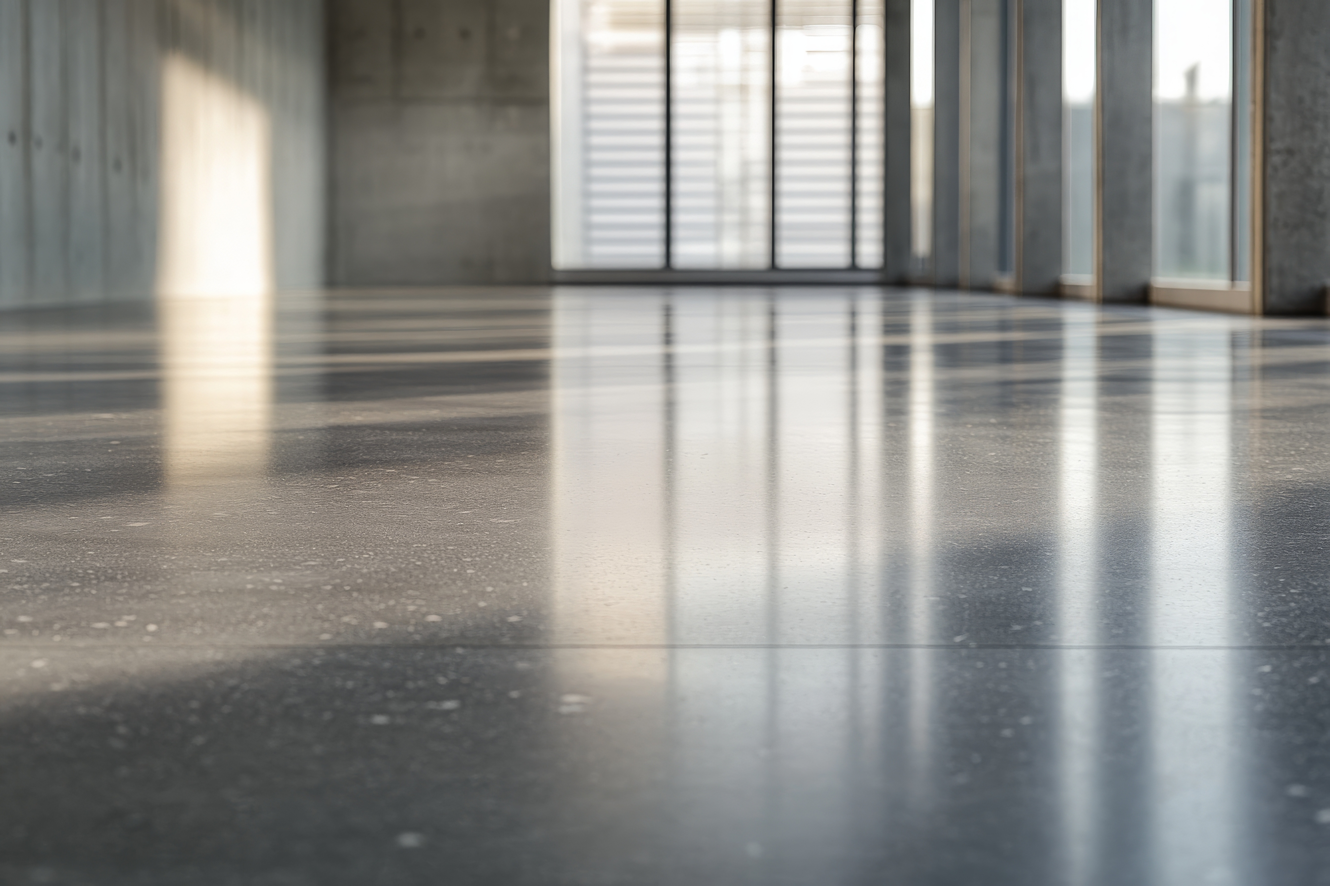 Sunlit modern concrete interior with polished floor and large windows